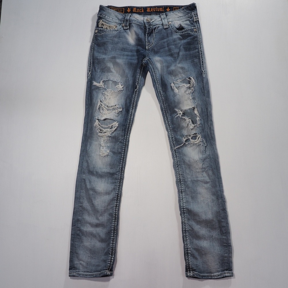 Rock Revival Jeans Women 29 Blue Jacklyn Cuff Straight Low Rise Distressed Denim